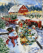 Schneemann und Traktor auf einer Baumfarm Diamond Painting