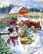 Schneemann und Traktor auf einer Baumfarm Diamond Painting