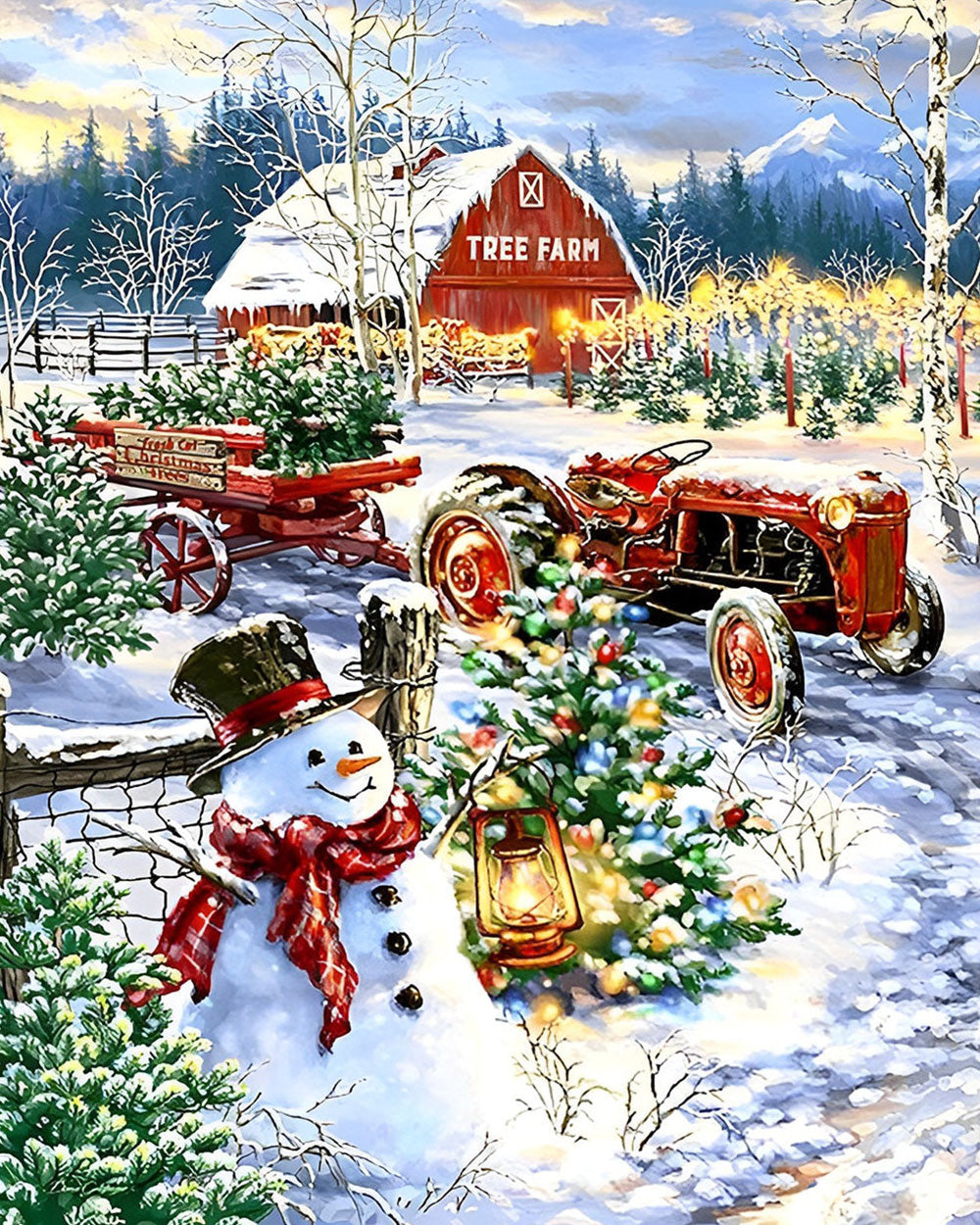 Schneemann und Traktor auf einer Baumfarm Diamond Painting
