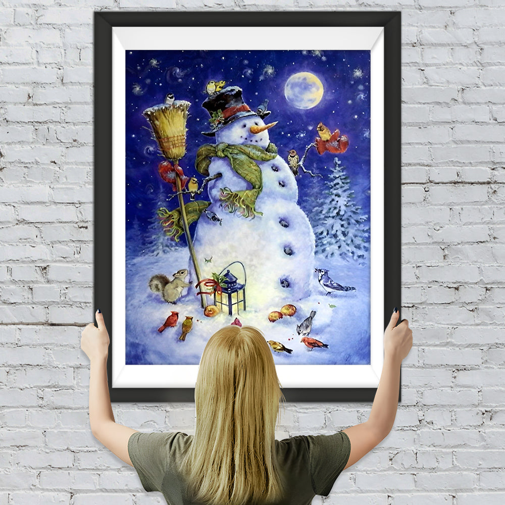 Schneemann und Vögel in der Nacht Diamond Painting
