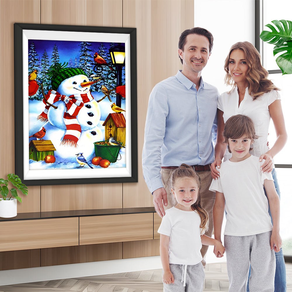 Schneemann und Vögel unter der Straßenlaterne Diamond Painting