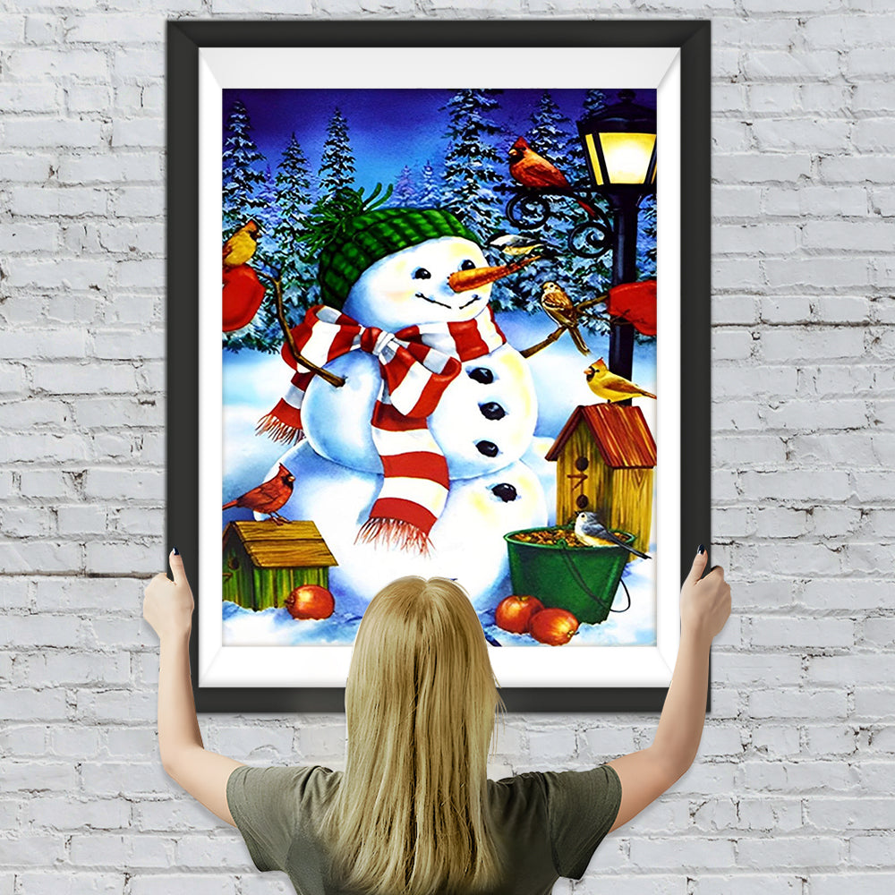 Schneemann und Vögel unter der Straßenlaterne Diamond Painting