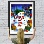 Schneemann und Vögel unter der Straßenlaterne Diamond Painting