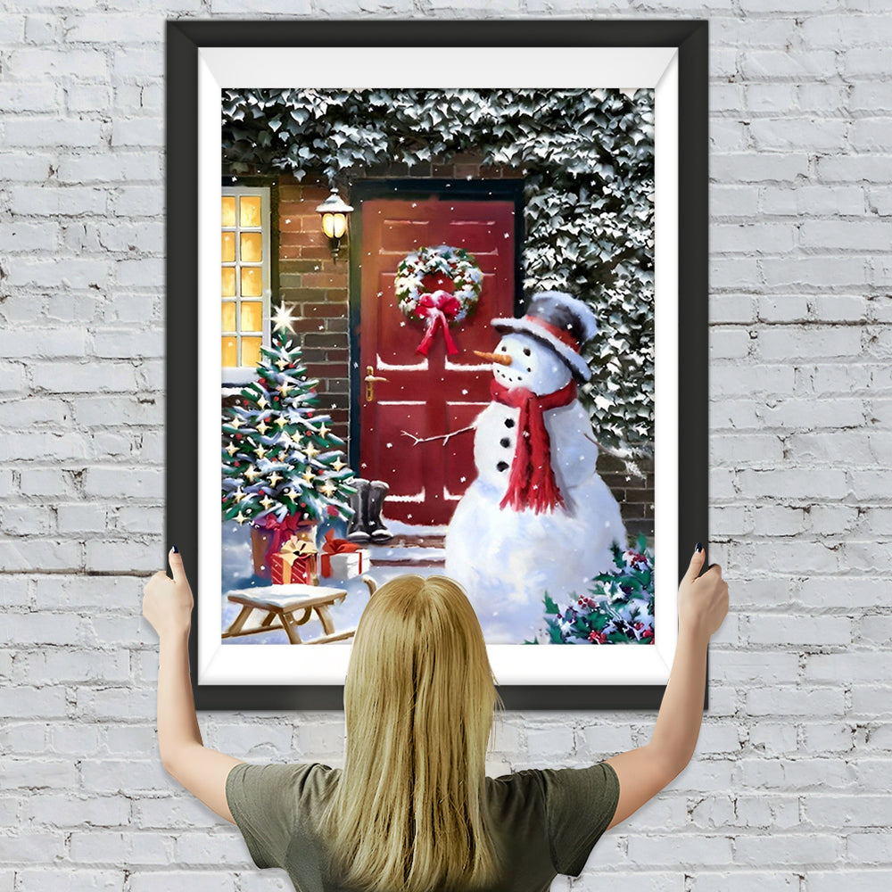 Schneemann und Weihnachtsbaum vor der Tür Diamond Painting
