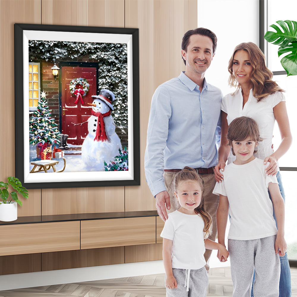 Schneemann und Weihnachtsbaum vor der Tür Diamond Painting