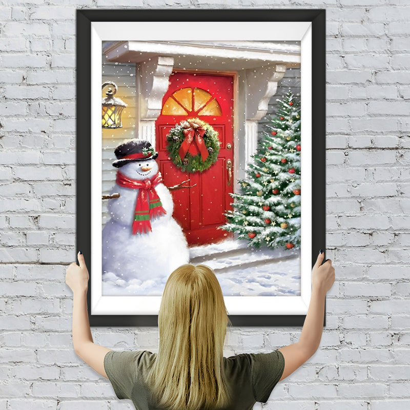 Schneemann und Weihnachtsbaum vor der Tür Diamond Painting