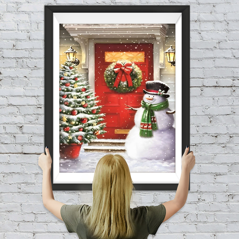 Schneemann, Weihnachtsbaum und Kranz an der Tür Diamond Painting