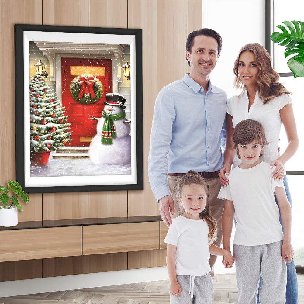 Schneemann, Weihnachtsbaum und Kranz an der Tür Diamond Painting
