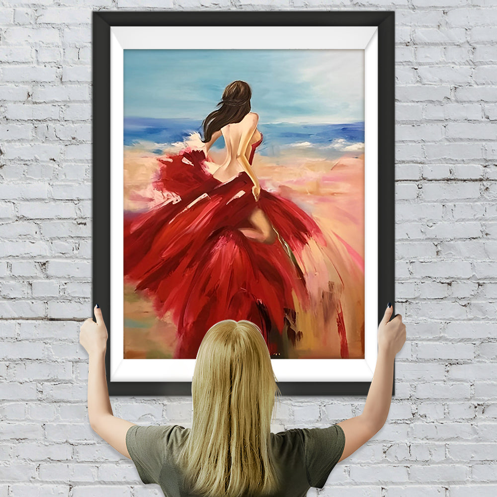 Schöne Frau im roten Kleid am Meer Diamond Painting