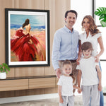 Schöne Frau im roten Kleid am Meer Diamond Painting