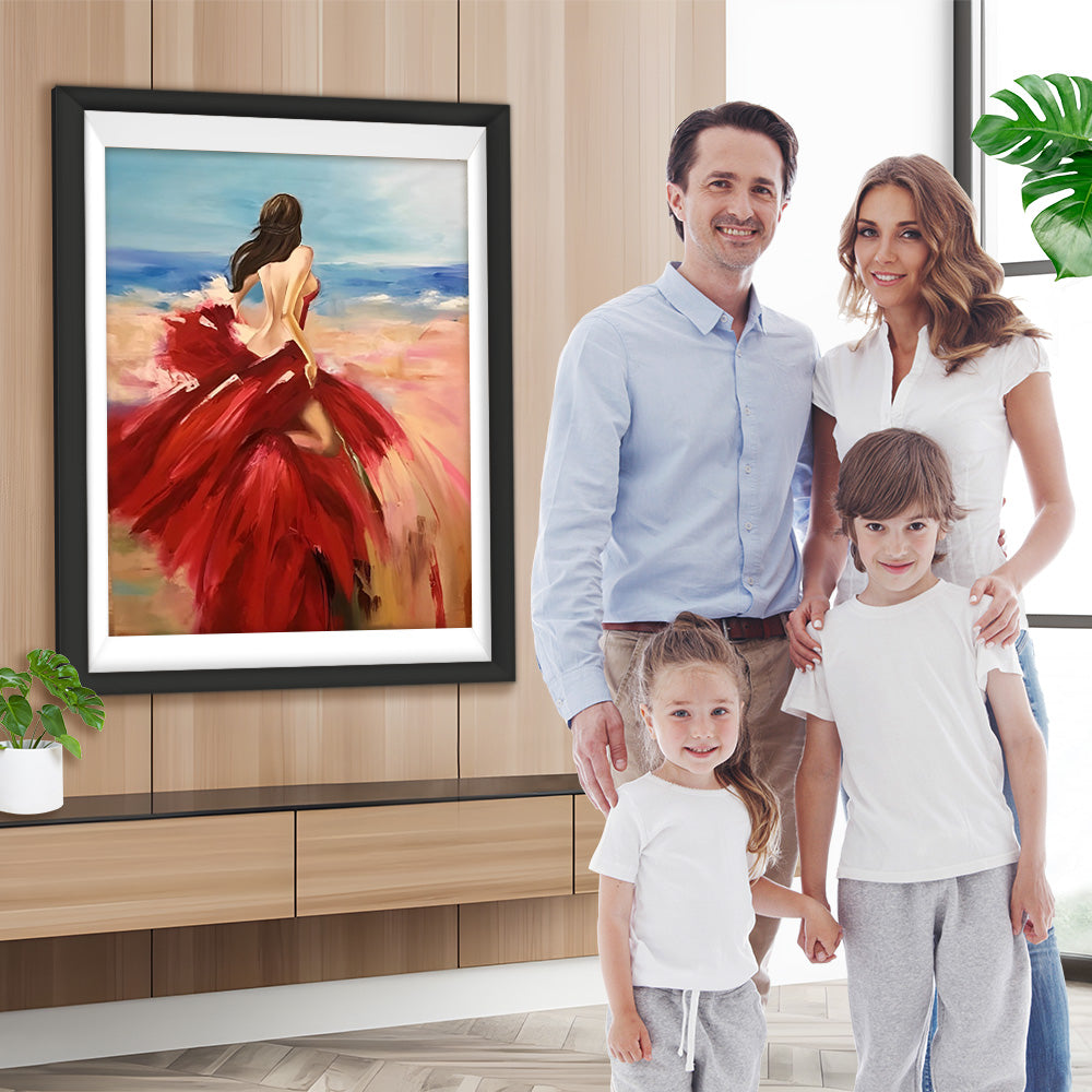 Schöne Frau im roten Kleid am Meer Diamond Painting