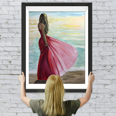 Schöne Frau im roten Kleid am Meer Diamond Painting