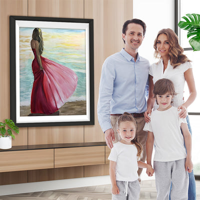 Schöne Frau im roten Kleid am Meer Diamond Painting