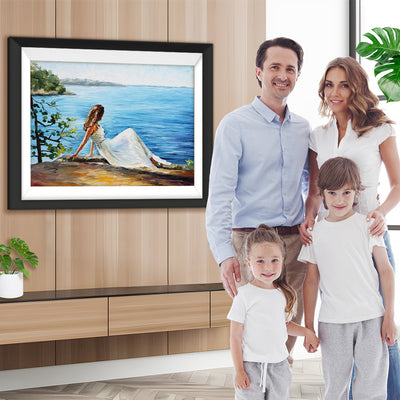 Schöne Frau im weißen Kleid am Meer Diamond Painting