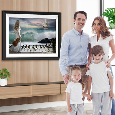 Schöne Musikerin, Welle und Schiff Diamond Painting