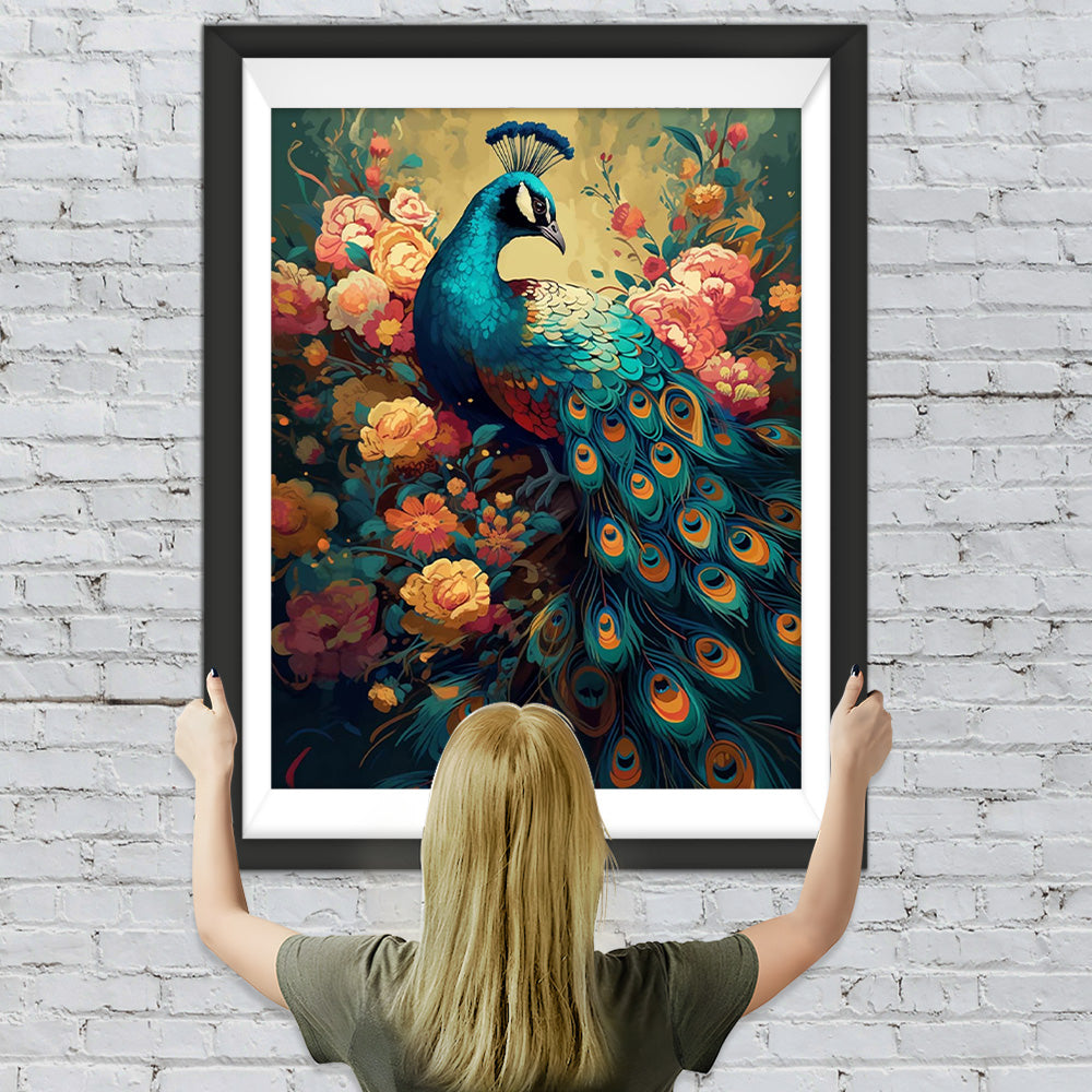 Schöner Pfau und Pfingstrose Blumen Diamond Painting