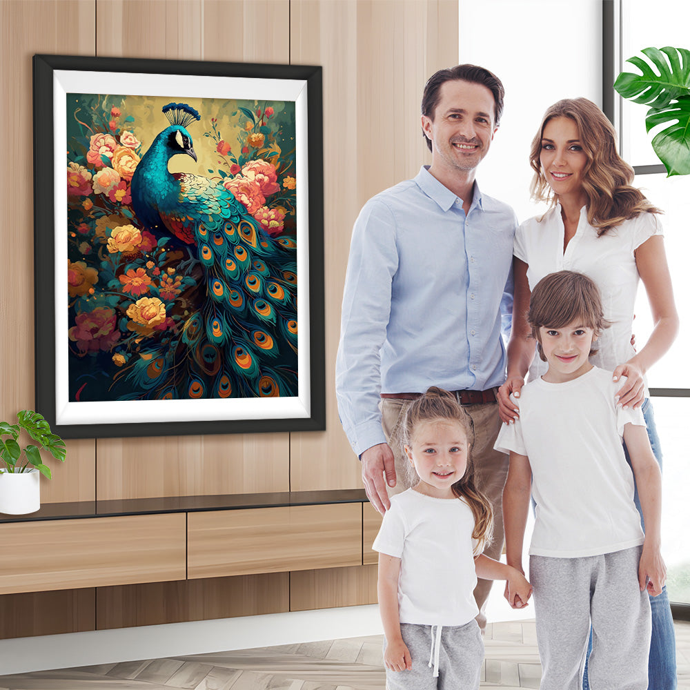 Schöner Pfau und Pfingstrose Blumen Diamond Painting