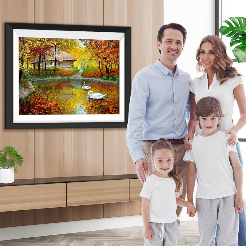 Schwäne und Hütte im Wald im Herbst Diamond Painting