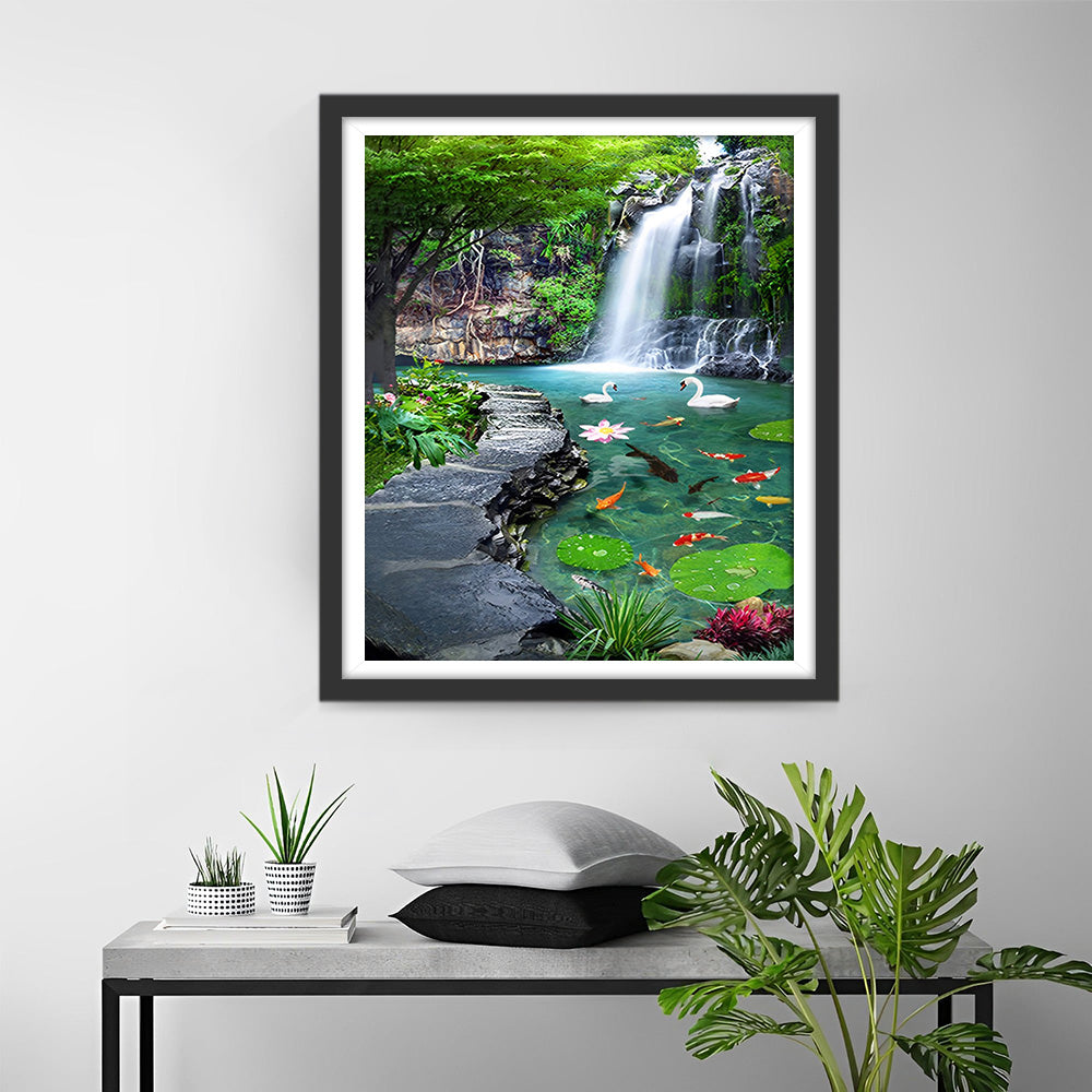 Schwäne und Koi im Teich Wasserfall Diamond Painting