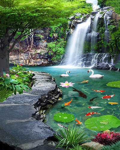 Schwäne und Koi im Teich Wasserfall Diamond Painting