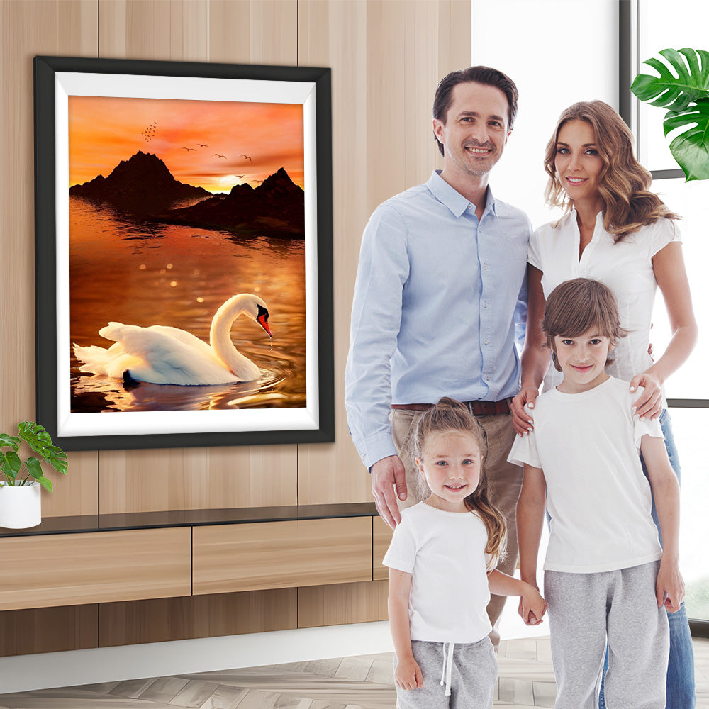 Schwan auf dem See bei Sonnenuntergang Diamond Painting