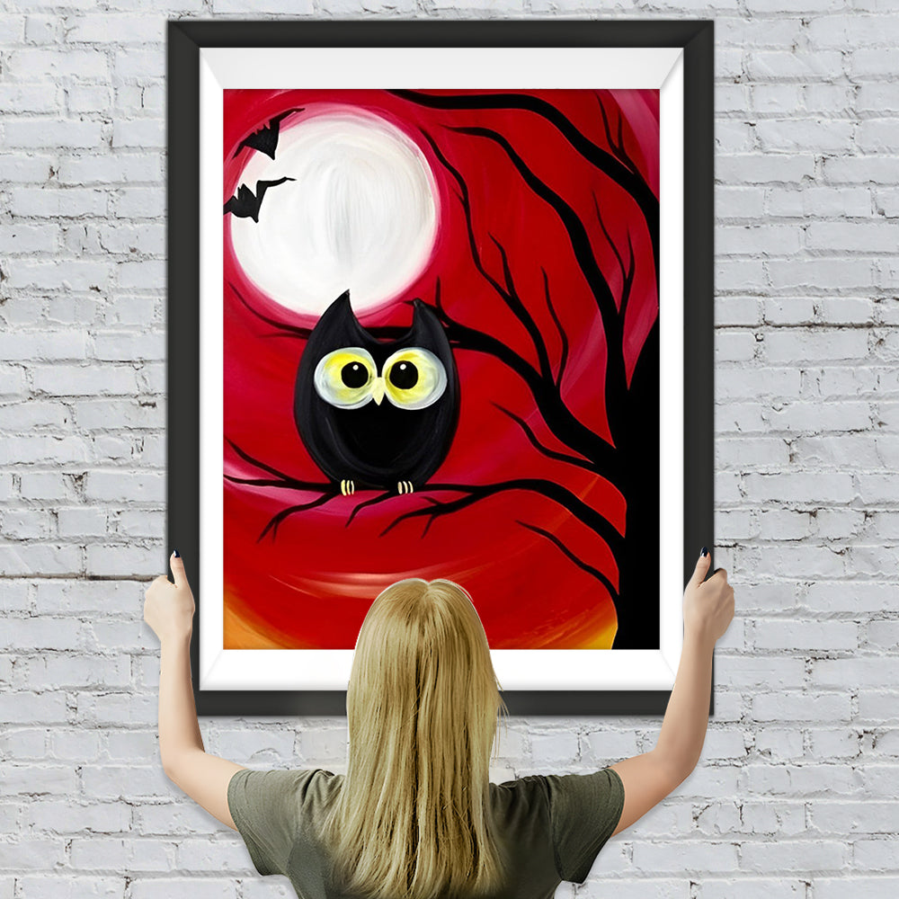 Schwarze Eule und roter Himmel Diamond Painting