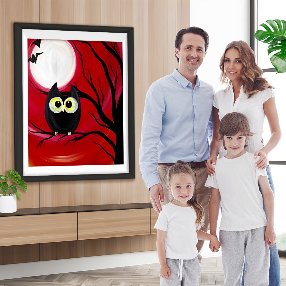 Schwarze Eule und roter Himmel Diamond Painting