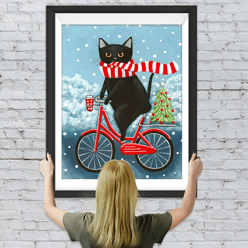 Schwarze Katze auf dem Fahrrad Diamond Painting