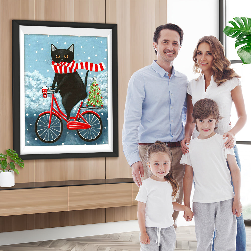 Schwarze Katze auf dem Fahrrad Diamond Painting