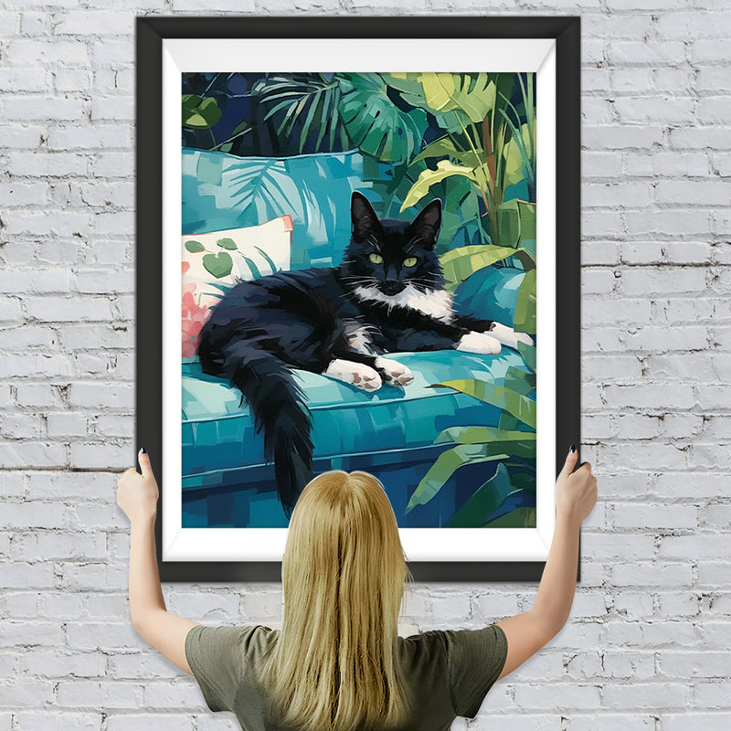 Schwarze Katze auf dem grünen Sofa Diamond Painting