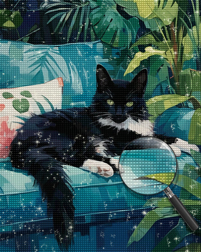 Schwarze Katze auf dem grünen Sofa Diamond Painting