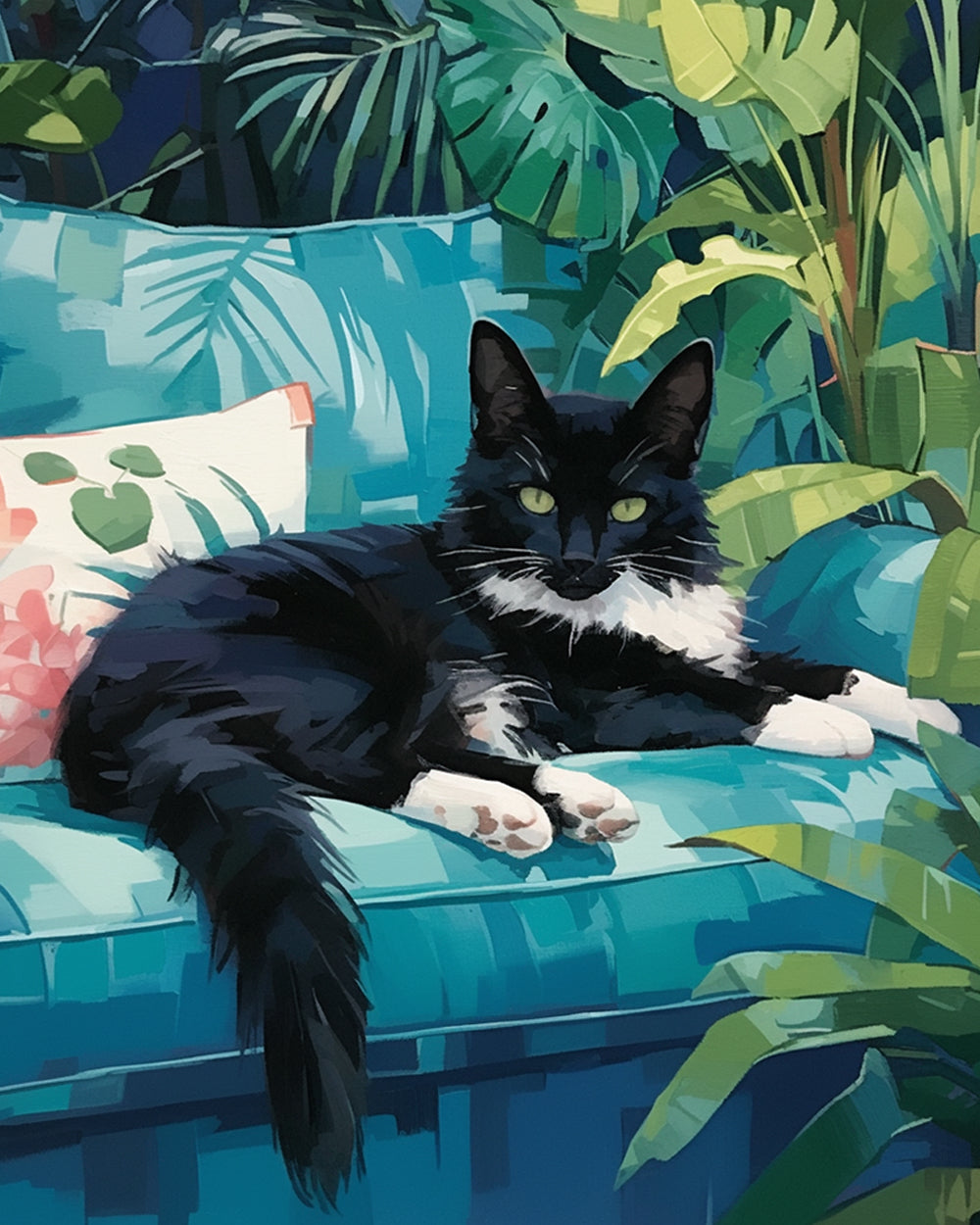 Schwarze Katze auf dem grünen Sofa Diamond Painting