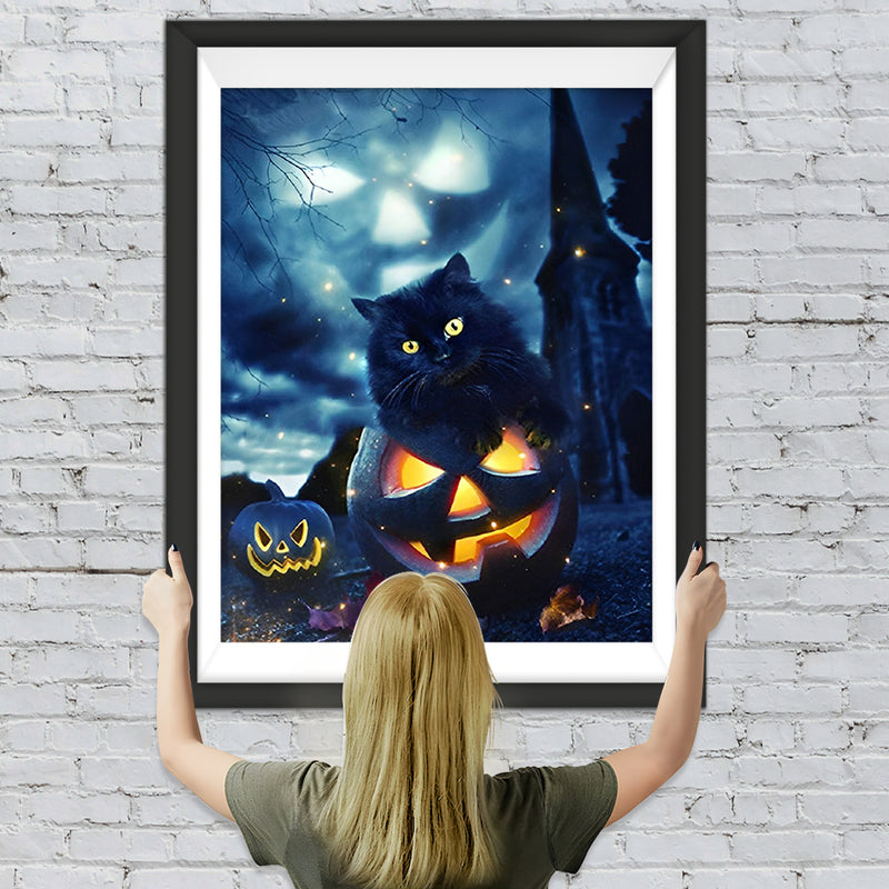 Schwarze Katze auf dem Kürbis Diamond Painting