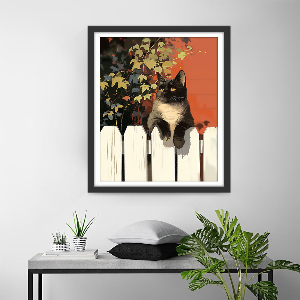 Schwarze Katze auf dem Zaun liegend Diamond Painting