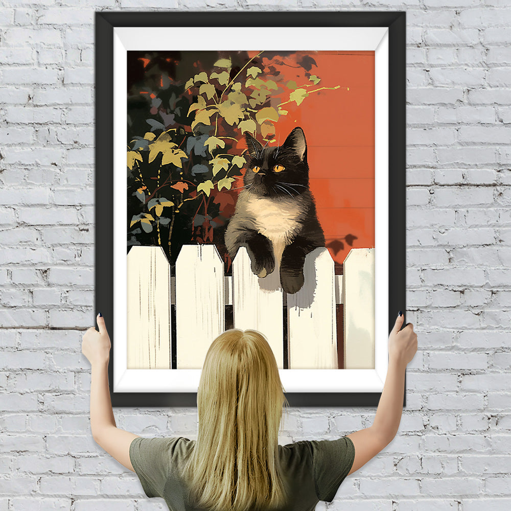 Schwarze Katze auf dem Zaun liegend Diamond Painting