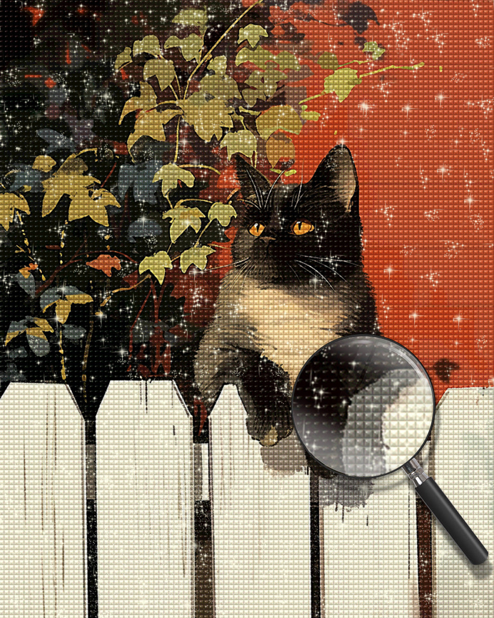Schwarze Katze auf dem Zaun liegend Diamond Painting