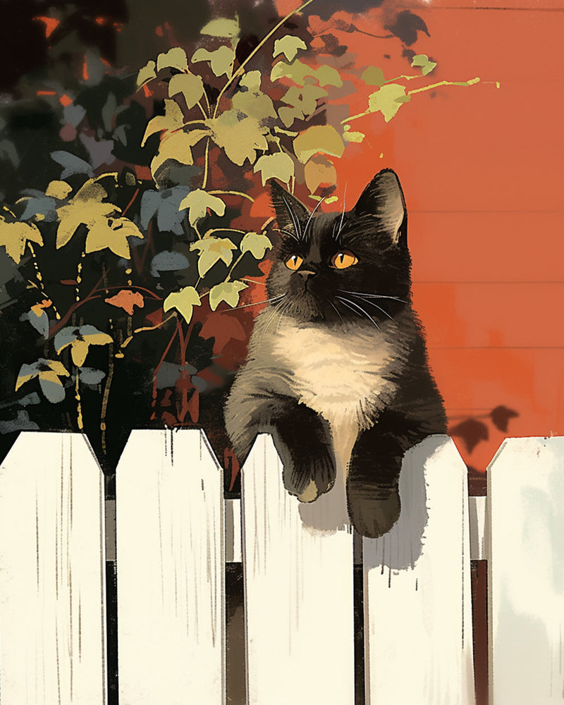 Schwarze Katze auf dem Zaun liegend Diamond Painting