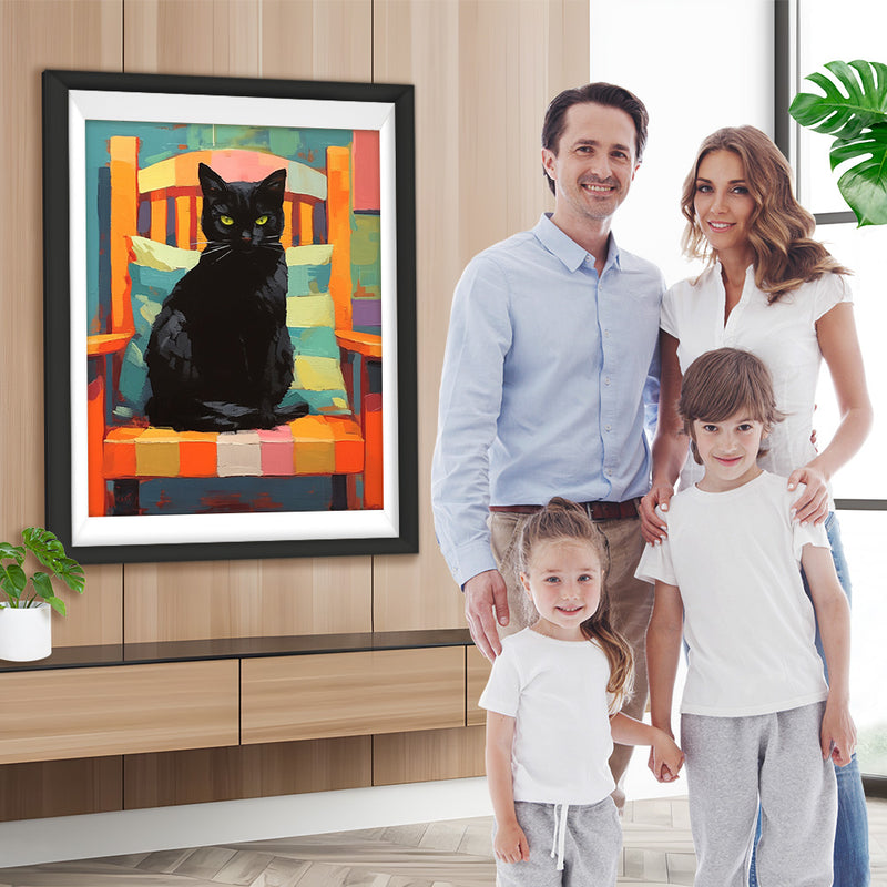 Schwarze Katze auf einem bunten Stuhl Diamond Painting