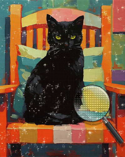 Schwarze Katze auf einem bunten Stuhl Diamond Painting