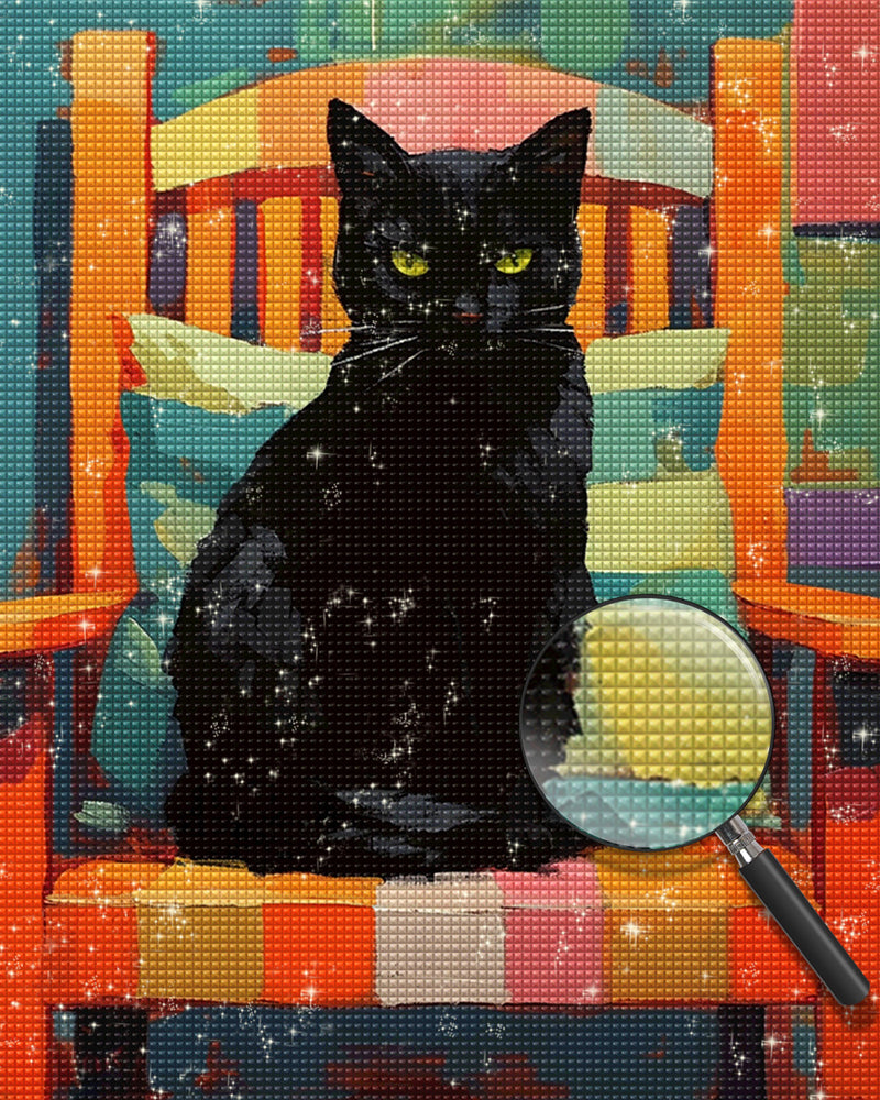 Schwarze Katze auf einem bunten Stuhl Diamond Painting