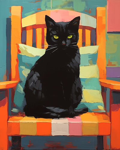 Schwarze Katze auf einem bunten Stuhl Diamond Painting