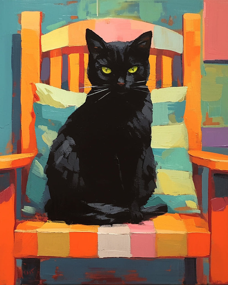 Schwarze Katze auf einem bunten Stuhl Diamond Painting