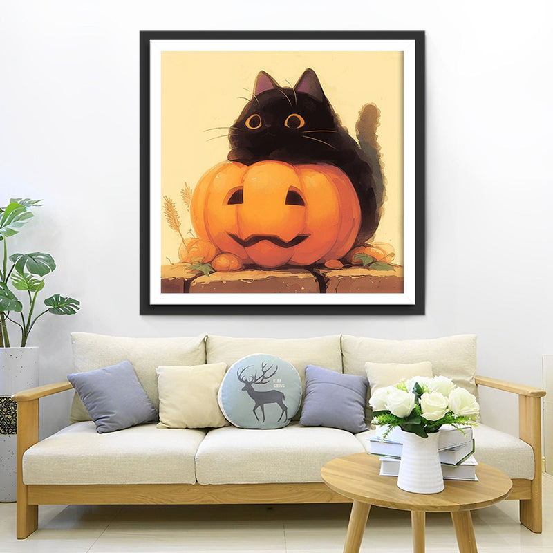 Schwarze Katze auf Halloween Kürbislaterne Diamond Painting