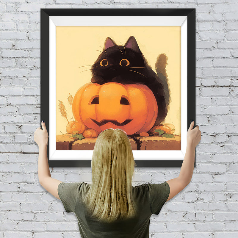 Schwarze Katze auf Halloween Kürbislaterne Diamond Painting