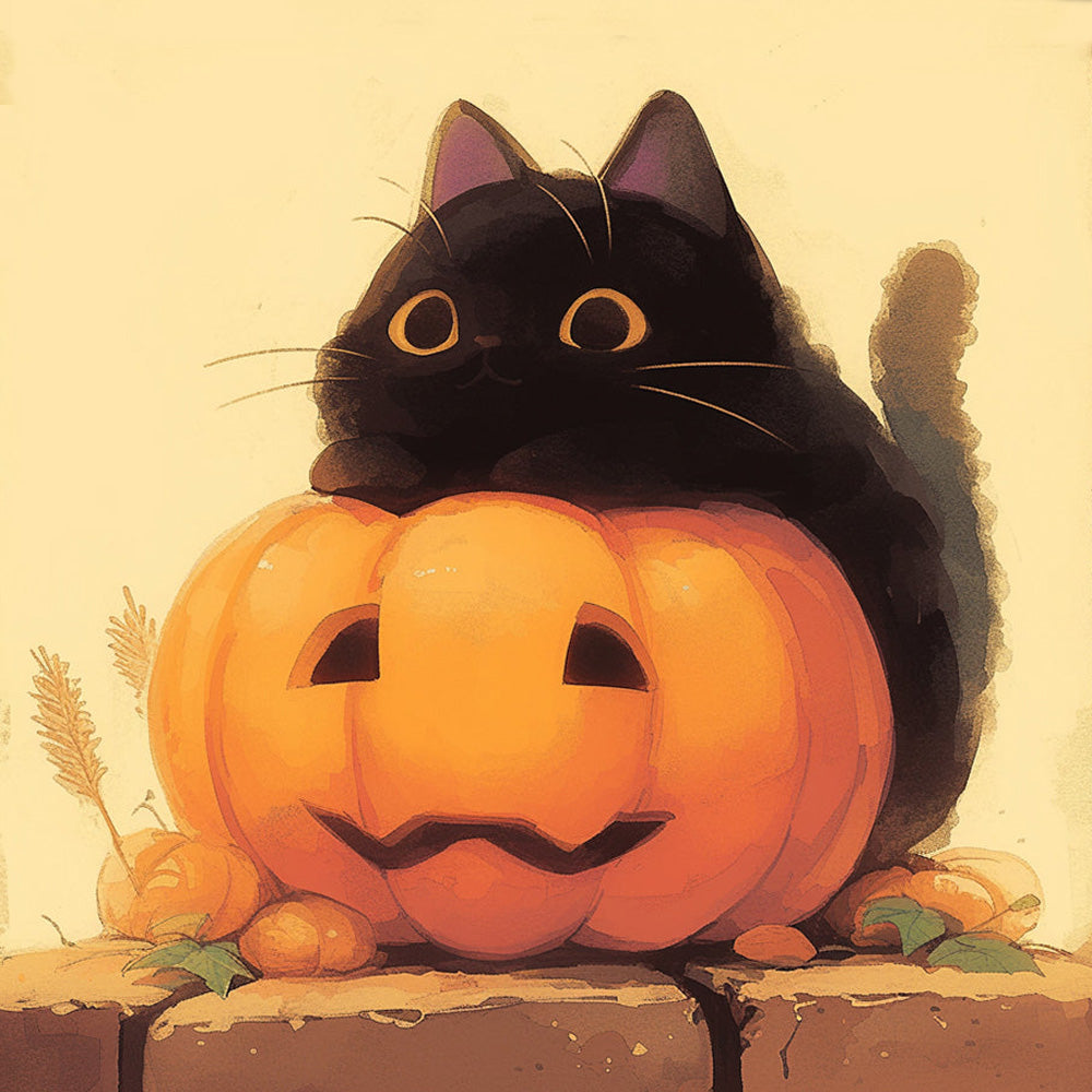 Schwarze Katze auf Halloween Kürbislaterne Diamond Painting