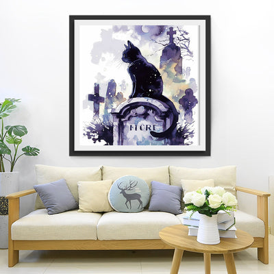 Schwarze Katze auf Tombstone Diamond Painting