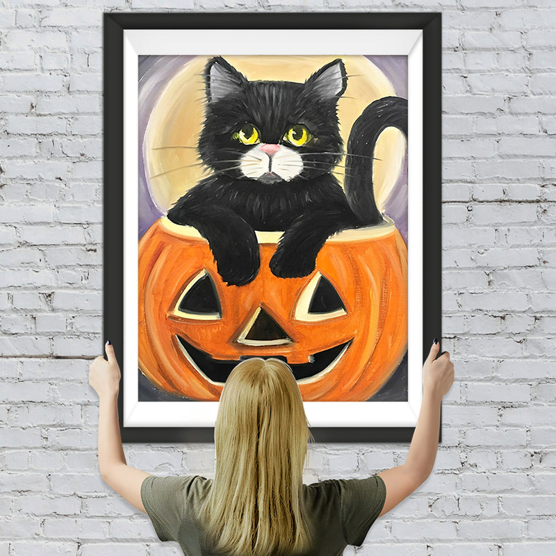Schwarze Katze im Kürbis Diamond Painting