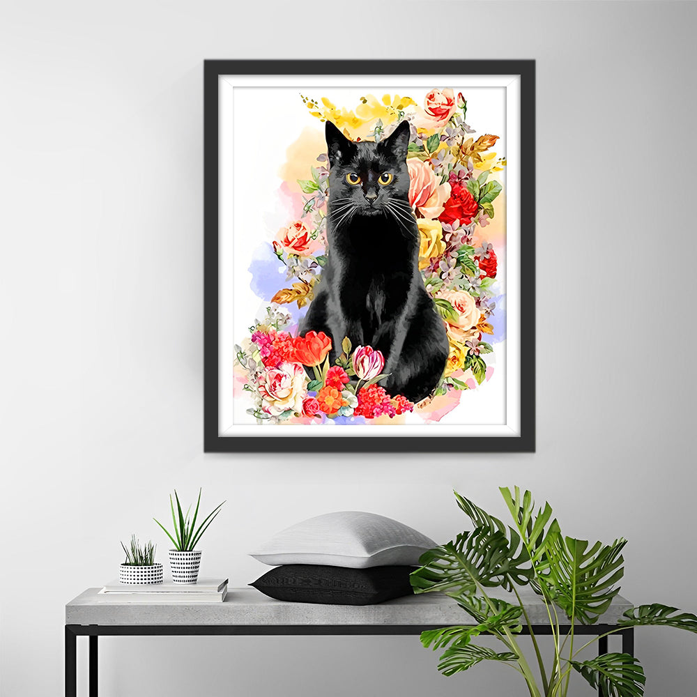 Schwarze Katze in Blumen Diamond Painting
