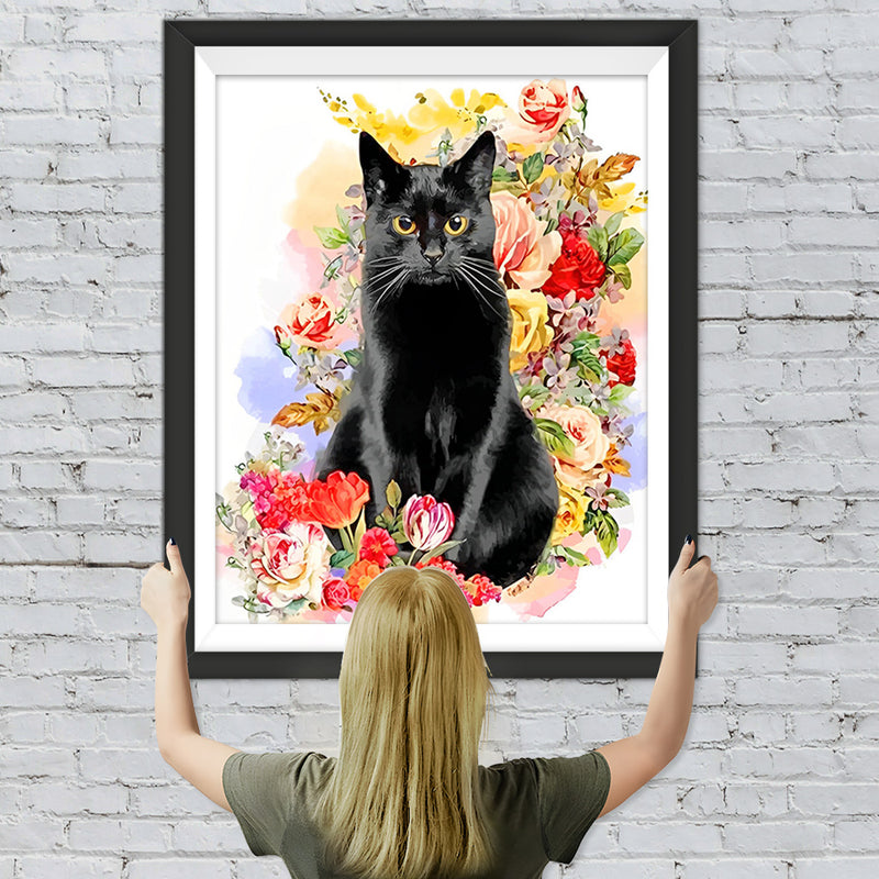 Schwarze Katze in Blumen Diamond Painting
