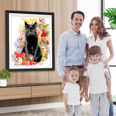 Schwarze Katze in Blumen Diamond Painting